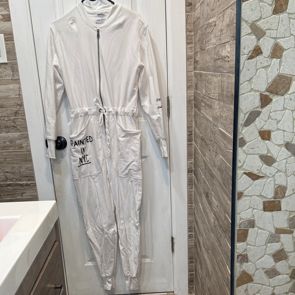 Wren + Glory White  Zip-Up Jumpsuit with NYC Print